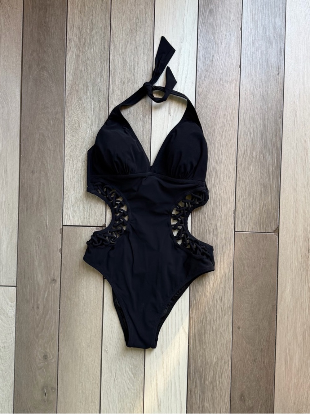 Profile black halter one-piece monokini swimsuit